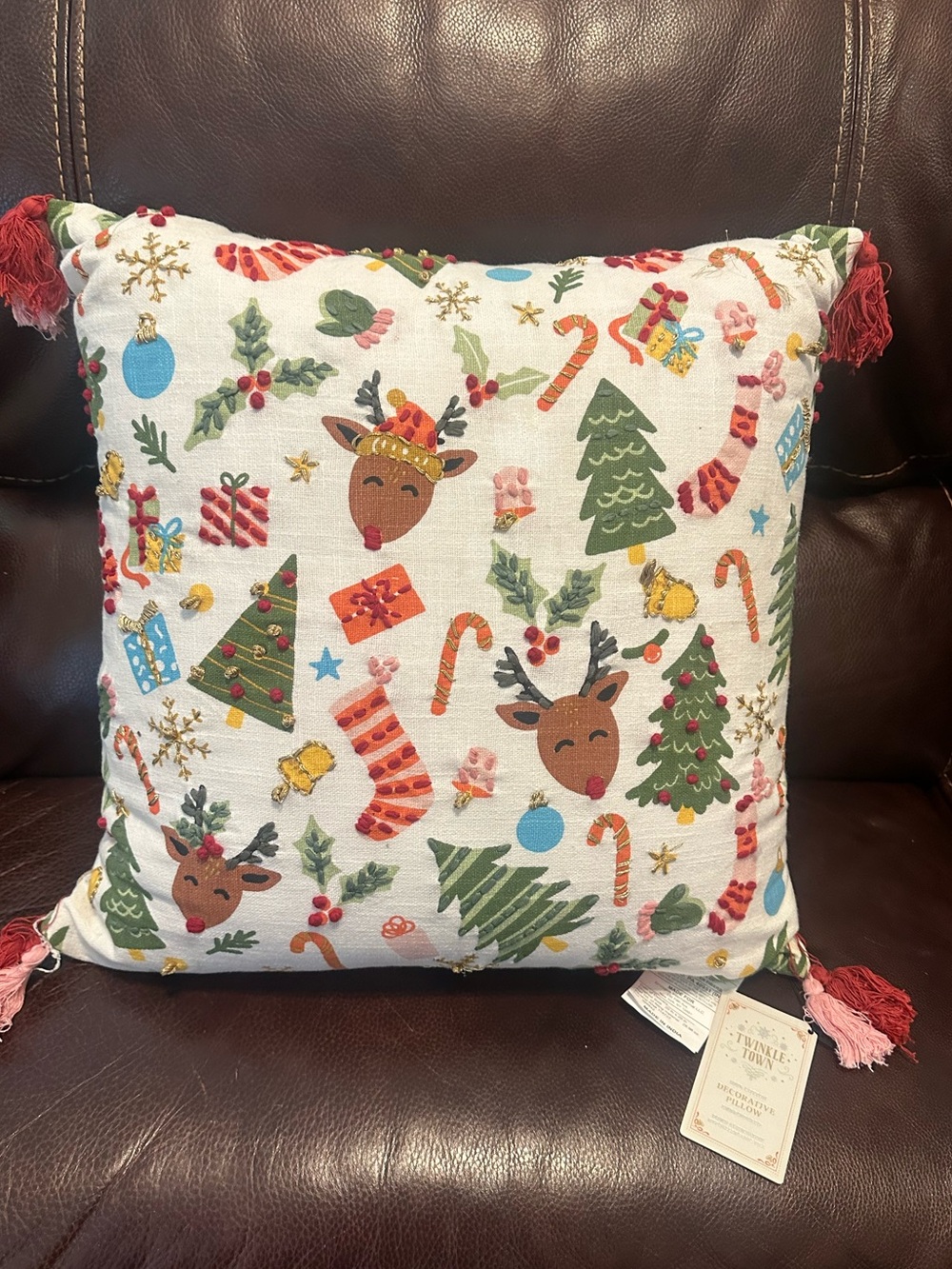NWT Twinkle Town Embroidered‎ Christmas Decorative Pillow NWT